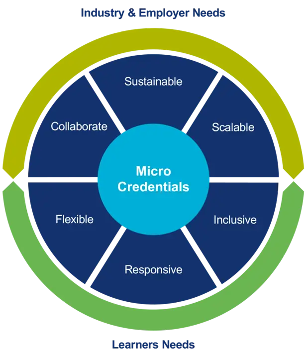 A chart showing the guiding principles of micro credentials: Sustainable, Scalable, Inclusive, Responsive, Flexible, Collaborate, supported by industry and employer needs and learners needs